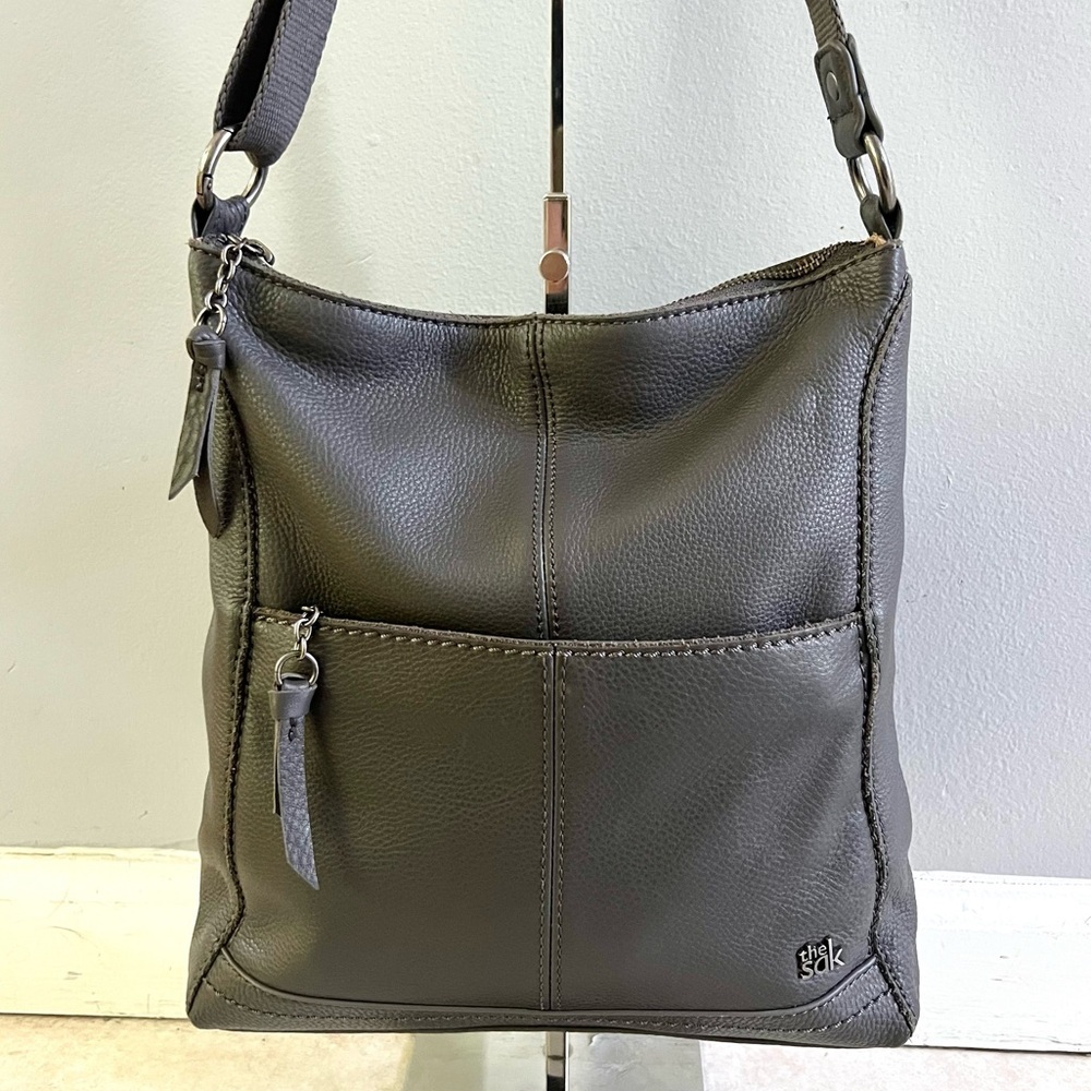 The Sak Leather Slim Crossbody Bag Charcoal Gray Contrast Stitching Shoulder Bag